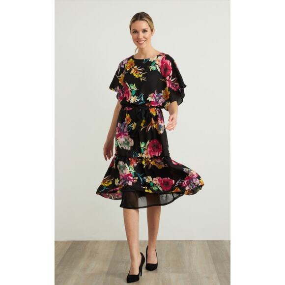 JOSEPH RIBKOFF Floral Chiffon Ruffle MIDI Dress Size 6 Flutter Sleeve New Ac19 - Picture 1 of 10